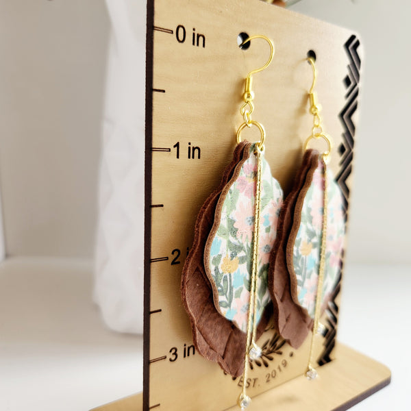 Floral Leaf Layered Leather Earrings with Crystal Drops