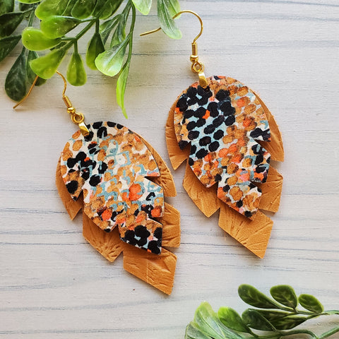 Boho Chic Layered Leather Feather Earrings